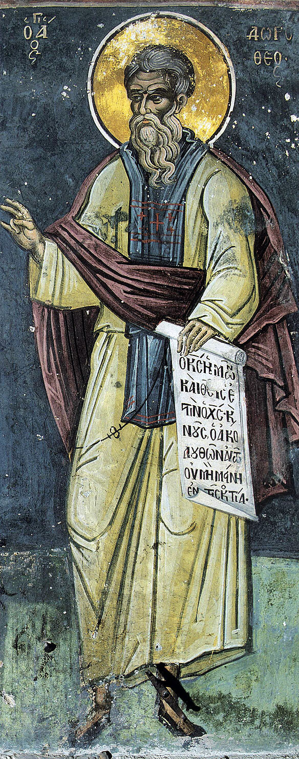 Saint Dorotheus of Gaza in a sixteenth-century fresco, wearing a dark monastic habit and holding a scroll