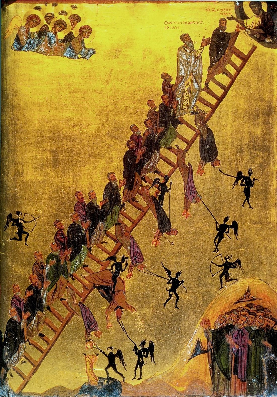 Byzantine icon of a ladder rising diagonally to Christ at the top right; monks climb it while winged black demons pull several of them off with ropes and hooks, and a group of monks stands praying at the foot.